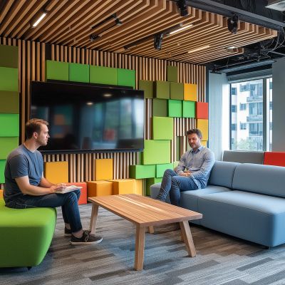 Enterprise AV Design - Stop Designing AV in the Dark The Real Cost of Late Integration- GPA - 2 Young Workers Discussing in Huddle an Collab Space in Modern Workplace with AV Design